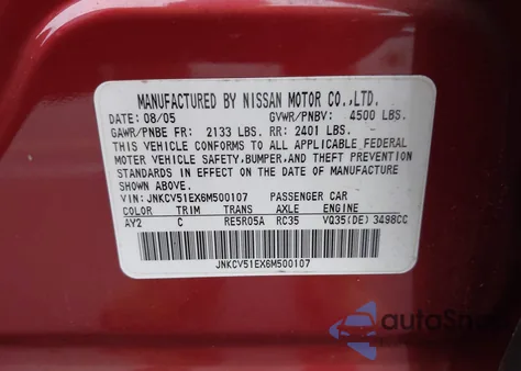 2006 Infiniti G35 из США, поврежденный, VIN JNKCV51EX6M500107